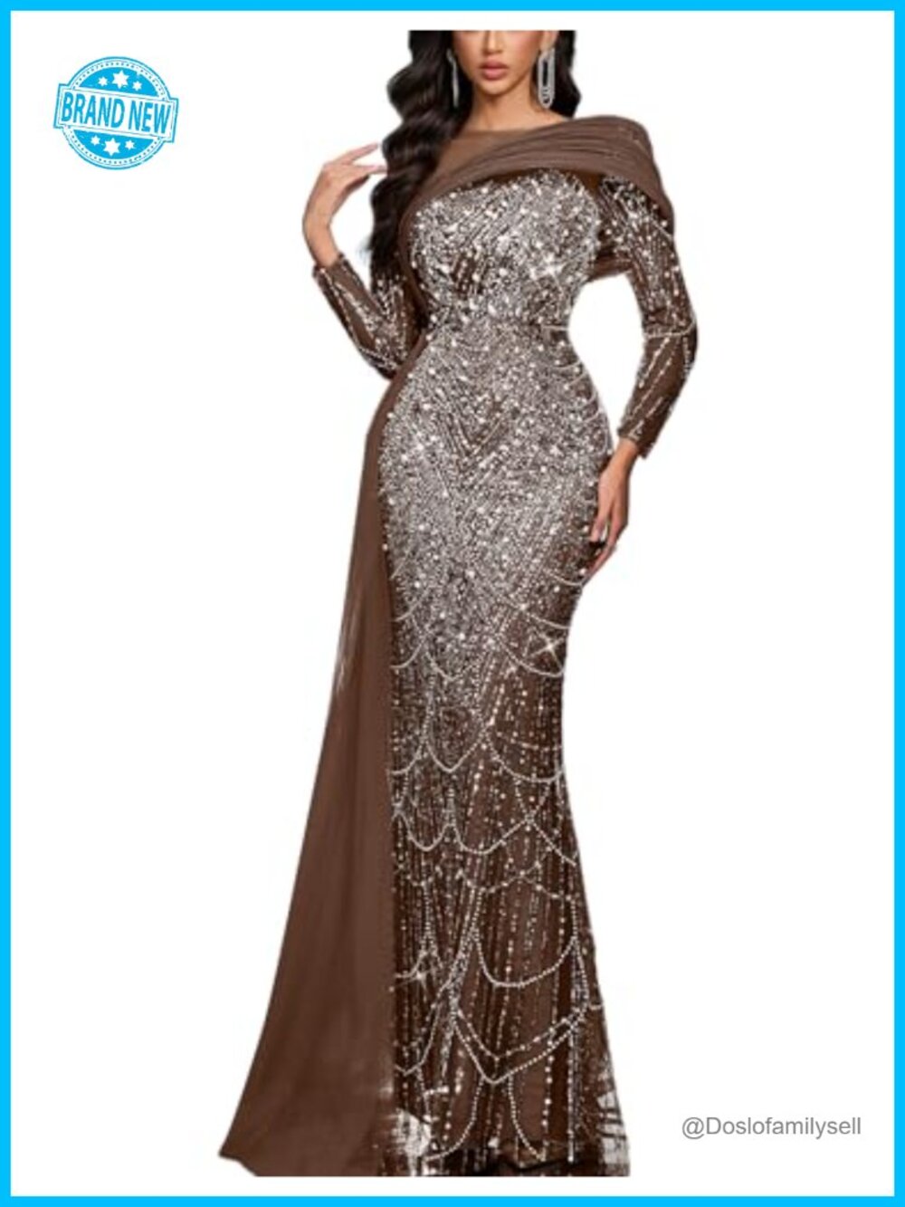 Long Sleeve Sequin Beaded Mermaid Evening Gown Prom Dress